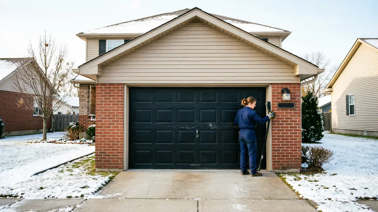 A technician in blue overalls works on a black garage door of a brick house.