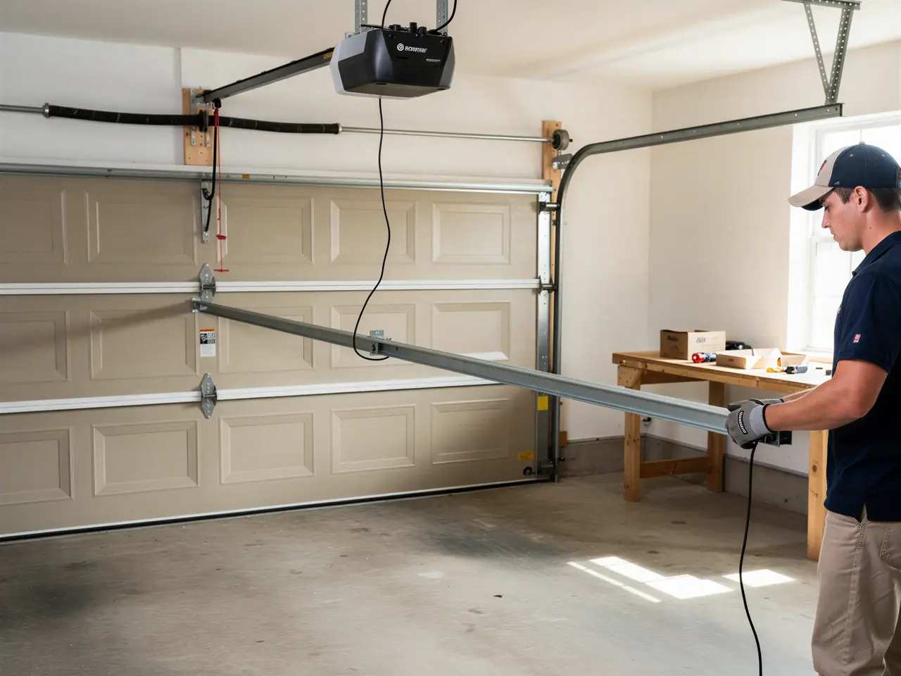 A technician holds a metal track in front of a beige garage door.